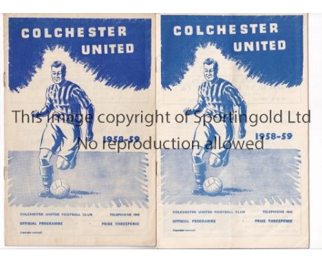 COLCHESTER UNITED     Two programmes for home FA cup ties for the season 1958/9 v Bath City and Arsenal.   Generally good