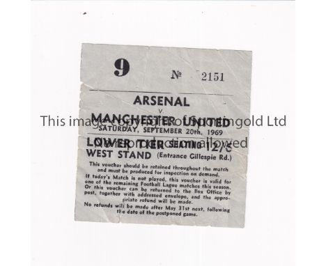ARSENAL V MANCHESTER UNITED 1969        Ticket for the League match at Highbury 20/9/1969, very slightly worn and creased.   