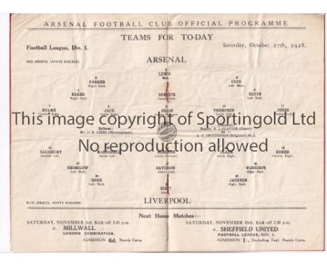 ARSENAL  Programme for the league match at home v Liverpool 27/10/1928, creased.   Generally good