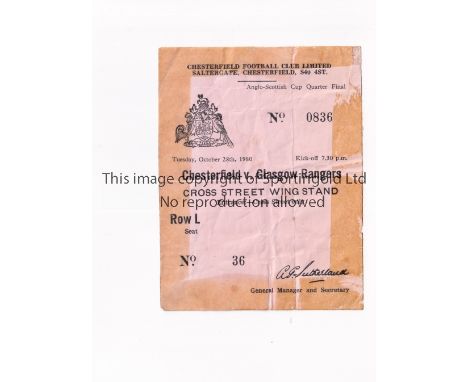 GLASGOW RANGERS      Ticket for the away Friendly v Chesterfield 28/10/1980, slightly creased and tape marks on all edges.   