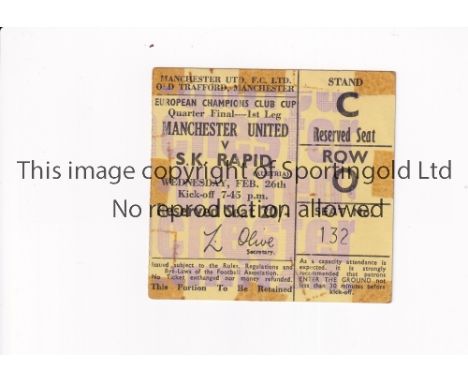 MANCHESTER UNITED Ticket for the home European Cup tie v S.K. Rapid 26/2/1969, tape marks. Fair