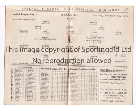 ARSENAL  Programme for the league match at home v Aston Villa 8/11/1930, slightly creased.   Generally good