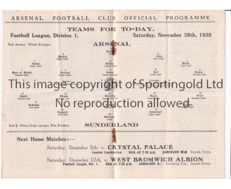 ARSENAL   Programme for the league match at home v Sunderland 28/11/1925, slightly folded in four.   Generally good