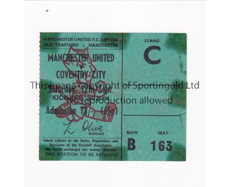 MANCHESTER UNITED Ticket for the home League match v Coventry City 12/9/1970, tape marks. Fair