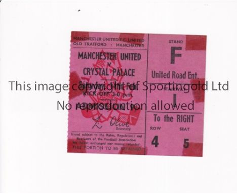 MANCHESTER UNITED Ticket for the home League match v Crystal Palace 14/2/1970, tape marks. Fair