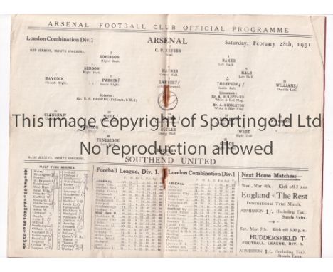 ARSENAL  Programme for the London Combination match at home v Southend United 28/2/1931, slightly creased.    Generally good