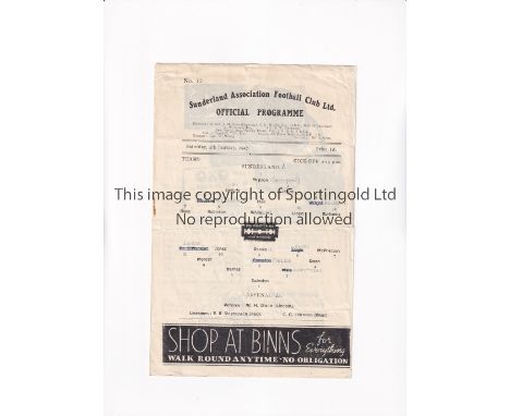 ARSENAL     Programme for the away League match v Sunderland 4/1/1947, slightly creased, team changes and scores entered.    