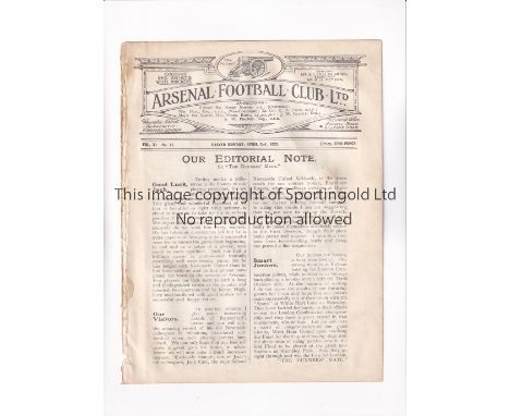 ARSENAL         Programme for the home League match v Blackburn Rovers 2/4/1923, ex-binder.       Generally good