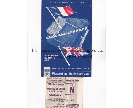 ENGLAND V FRANCE 1962      Programme and ticket for the Nations Cup match at Sheffield Wednesday F.C. 3/10/1962.     Good
