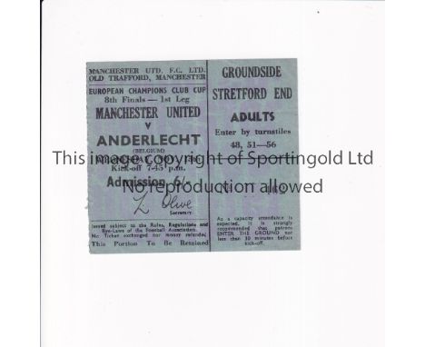 MANCHESTER UNITED      Ticket for the home European Cup tie v Anderlecht 13/11/1968, very slightly creased.     Good