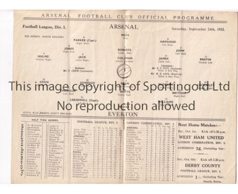ARSENAL    Programme for the league match at home v Everton 24/9/1932, vertical crease.     Generally good