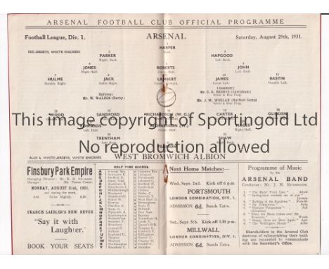 ARSENAL  Programme for the league match at home v West Bromwich Albion 29/8/1931.     Generally good