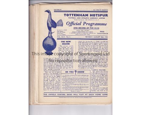 TOTTENHAM HOTSPUR        Thirty four home programmes for season 1951/2 including 21 X League including Huddersfield Town on a