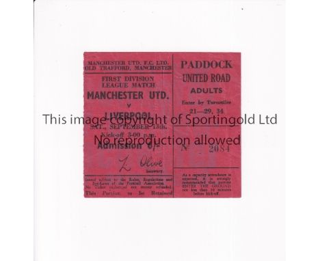 MANCHESTER UNITED     Ticket for the home League match v Liverpool 13/9/1969, slightly creased.     Generally good