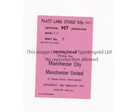 MANCHESTER UNITED TICKET   Ticket for away match at Manchester City 13/2/71. Large pink ticket.   Good