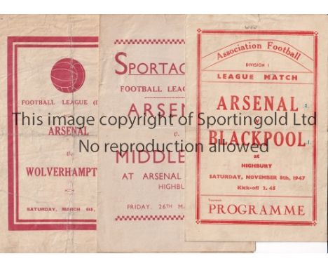 ARSENAL      Three pirate issue home programmes in the 1947/8 season v Blackpool 8/11/47, Buick, slightly creased, team chang