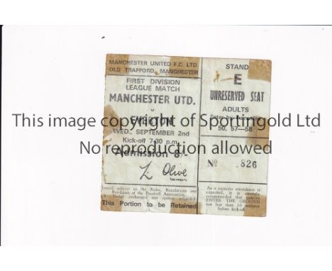 MANCHESTER UNITED Ticket for the home League match v Everton 2/9/1970, tape marks. Fair