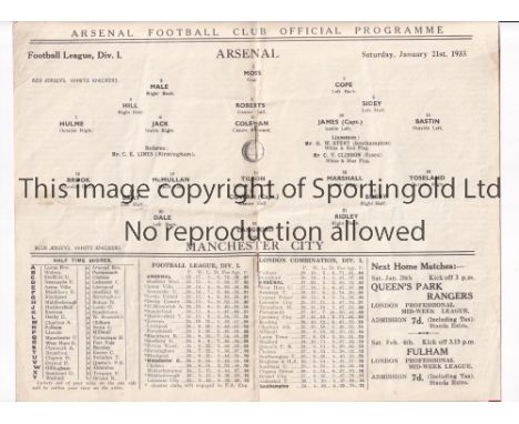 ARSENAL      Programme for the league match at home v Manchester City 21/1/1933, slight horizontal crease.     Generally good