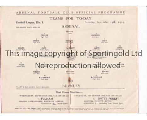 ARSENAL      Programme for the home League match v Burnley 14/9/1929.     Generally good