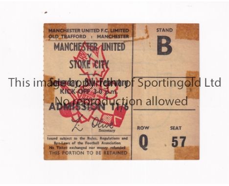 MANCHESTER UNITED Ticket for the home League match v Stoke City 8/2/1969, tape marks. Fair