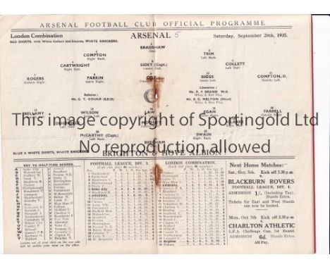 ARSENAL      Programme for the home London Combination match v Brighton &amp; Hove Albion 28/9/1935, slight horizontal crease
