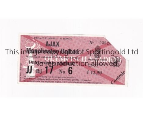 MANCHESTER UNITED TICKET   Ticket for the UEFA Cup match at Ajax on 15/9/76, slight crease and corner removed on entry.   Gen