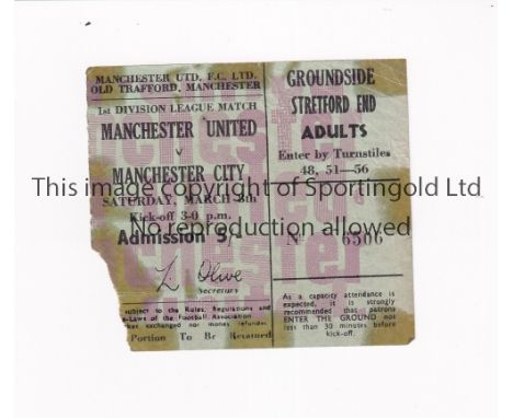 MANCHESTER UNITED Ticket for the home League match v Manchester City 8/3/1969, minor paper loss on entry and tape marks. Fair