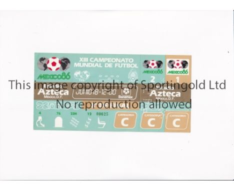 1986 WORLD CUP      Unused ticket for England v Paraguay, Round of 16 match 18/6/1986 at the Aztec Stadium. Staple holes on t