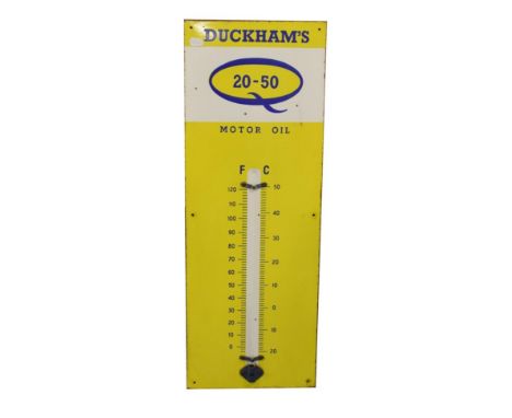 A Duckhams Enamel 20-50 Motor Oil Advertising Sign, with temperature gauge (lacking thermometer), with six drill holes, 91cm 