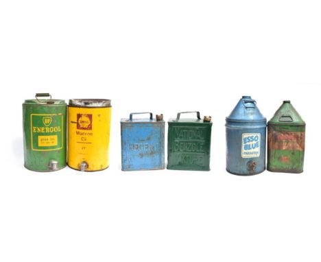 Six Assorted Fuel Canisters, to include a National Benzole Mixture fuel can, repainted green, with original brass screw cap, 