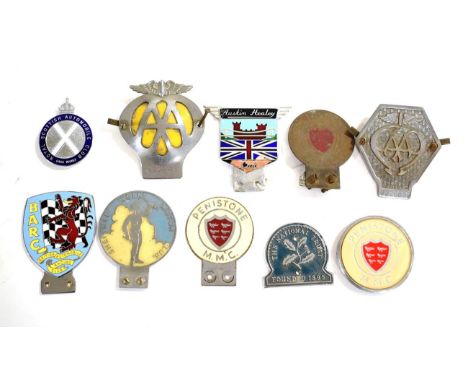Ten Assorted Car Badges, to include vintage AA badge, stamped V228889, a later AA badge, numbered 5E26331, an enamelled Royal