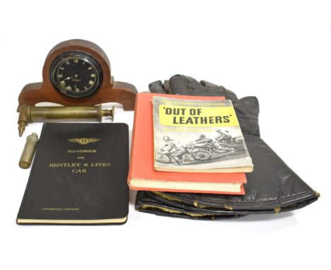 A Pair of Vintage Leather Motorcycle Gloves, the Handbook for Bentley 4.5 Litre Motor Car, condensed edition SCH Davies Contr