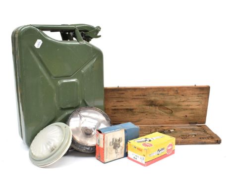A Green Metal American Style 20 Litre Fuel Can, 48cm high; Three Kenlite Red Painted Metal Warning Lamps, with hanging bracke