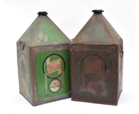 Two Wakefield Agricastrol Five Gallon Tractor Oil Tins, each of square form with pyramid tops, with original screw caps, pour