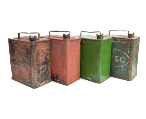 Four Vintage 2 Gallon Petrol Cans, comprising two Shell Motor Spirit, a green Esso, and an unmarked example, all with metal s