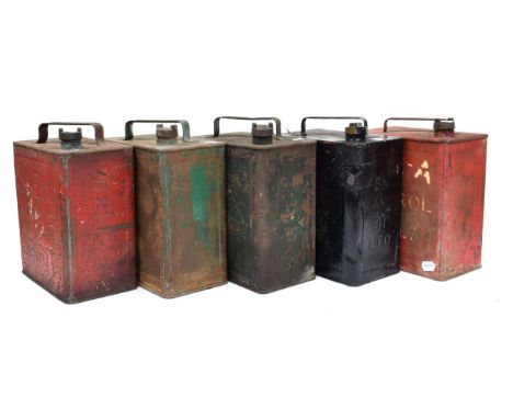 Five Vintage Metal Fuel Cans, comprising a red painted example SHELL MOTOR SPIRIT, with impressed lettering, a red painted ex