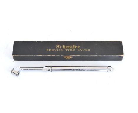 A Vintage Schraders Son Chrome Service Tyre Gauge, with original ebonised pine box and original certificate of accuracy, box 