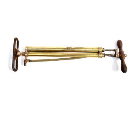 A Vintage Brass Handy Foot Pump, labelled Hattersley &amp; Davison Ltd, Sheffield, guaranteed until December 1917, with turne