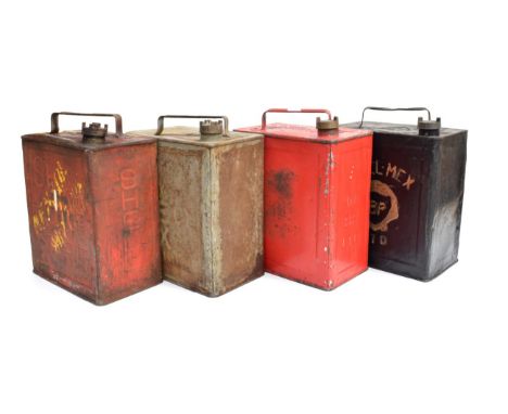 Four Vintage 2 Gallon Petrol Cans, comprising a black painted Shell-Mex, a red SM&amp;BP, a red and yellow Shell Motor Spirit