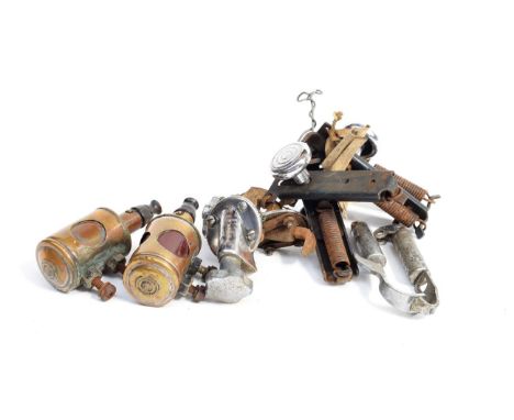 Nine Vintage Six 1930's Chromed and Metal Bonnet Catches; and A Pair of 1920's Rotax Brass Side Lamps, 10.5cm high