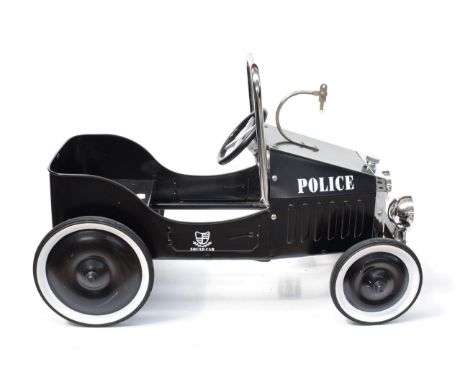 A Child's Black Metal 1930's Style Police Squad Car, modern, with plastic steering wheel, moulded seat, chromed metal rollbar