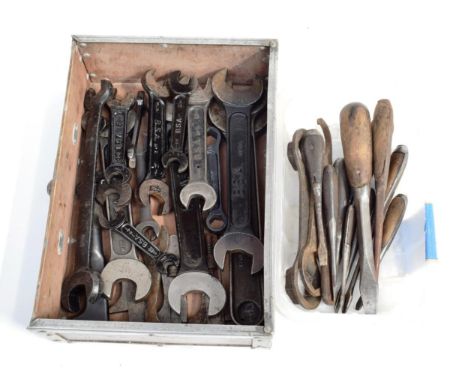 A Collection of Assorted BSA Double-Ended Spanners, adjustable spanners and vintage slot-headed wooden handled screwdrivers (