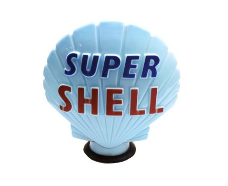 A Blue Opaque Glass Petrol Pump Globe for Super Shell, with blue and red lettering, the neck stamped Property of Shell-Mex an