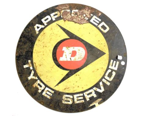A Metal Double-Sided Advertising Sign, DUNLOP APPROVED TYRE SERVICE, with drill holes and some corrosion, 55.5cm diameter