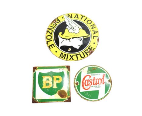 A Porcelain Enamelled on Metal Circular Advertising Plaque, with black lettering on a yellow ground National Benzole Mixture,