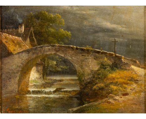 The bridge over the river, oil on panel. 19th C. Signed B. Galerne.&nbsp;Signed lower left.&nbsp;Dimensions: (W:32 x H:24,5 c
