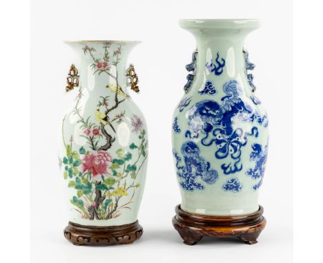 Two Chinese vases, blue-white with a Foo Dog, Famille Rose with a bird and flora. 19th/20th century.Condition report: - Famil