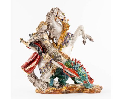Paolo MARIONI (XX) 'Saint George slaying the dragon' glazed terracotta.&nbsp;After a model by Eugenio Pattarino.&nbsp;Signed 