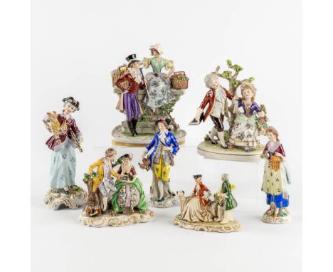 Seven pieces of polychrome Saxony porcelain, Germany and Italy. 20th C.Signed Sitzendorf, Sheibe-Alsbach, Capodimonte and oth