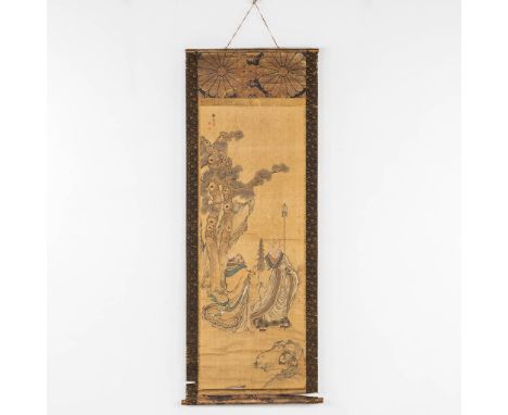 A Chinese scroll, depicting a wise man and his desciple. 19th century.&nbsp;Watercolour on silk.&nbsp;Dimensions of the image